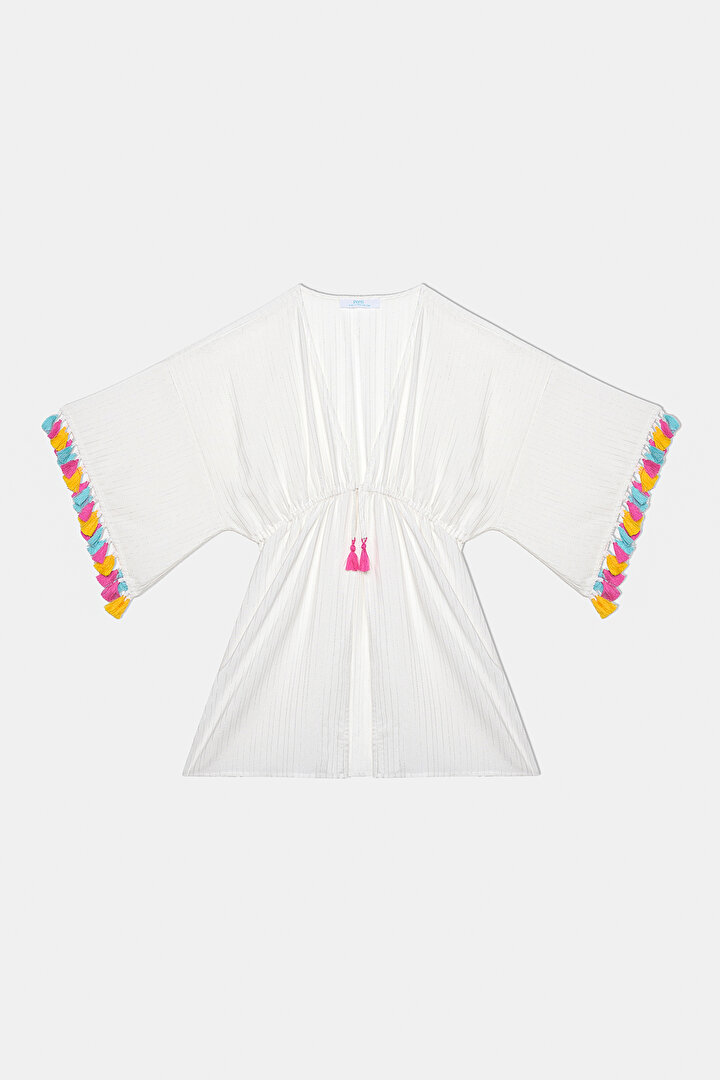 Genç Kız Texture Çizgili Beyaz Kaftan - 1