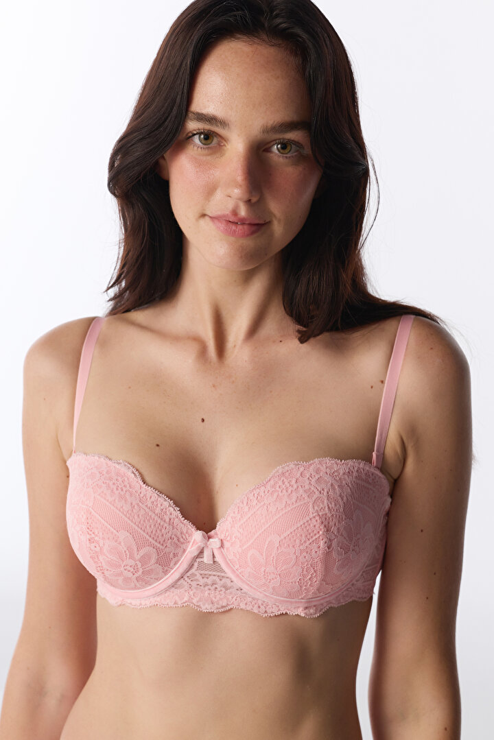 Pembe Angelic Dantel Pedli Push Up Sütyen - 1