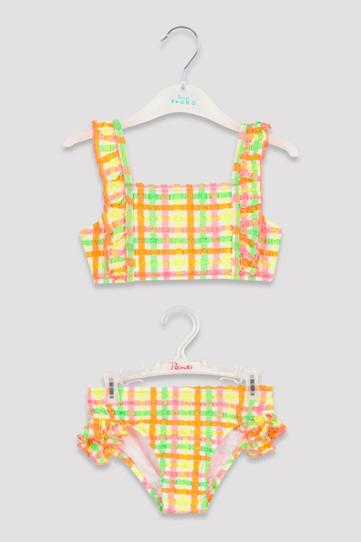 Neon Renkli Kız Çocuk Gingham Kare Desenli Bikini Takımı - 1