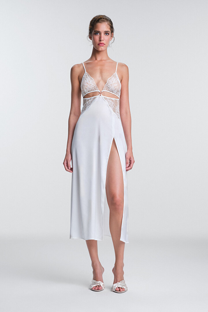Off White Scarlett Lace V Neck Non-wired Long Nightgown - 1