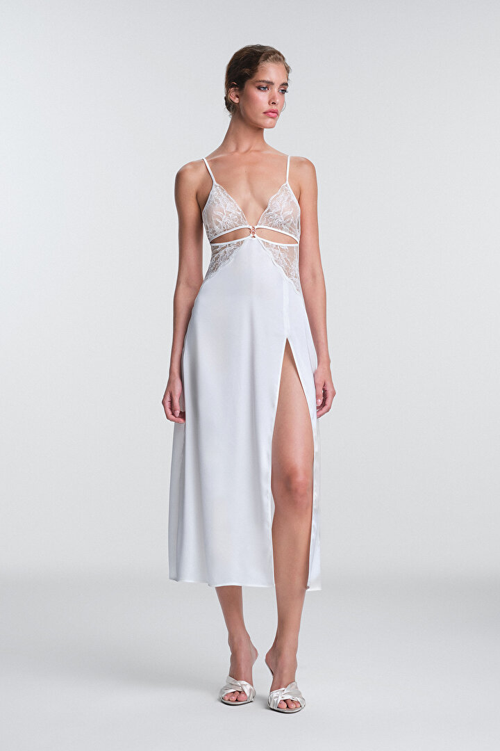 Off White Scarlett Lace V Neck Non-wired Long Nightgown - 2