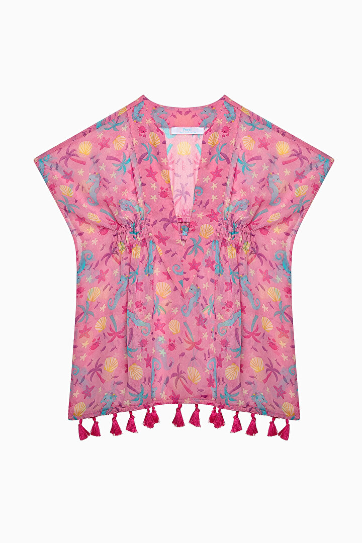 Kız Çocuk Basic Printed Kısa Kollu V Yaka Kaftan - 1