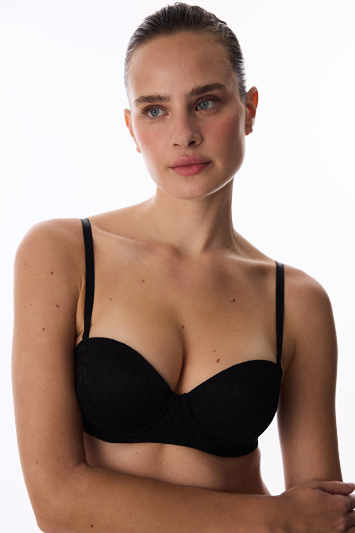 Siyah Pop Up Destekli Lace Dantel Sütyen - 2