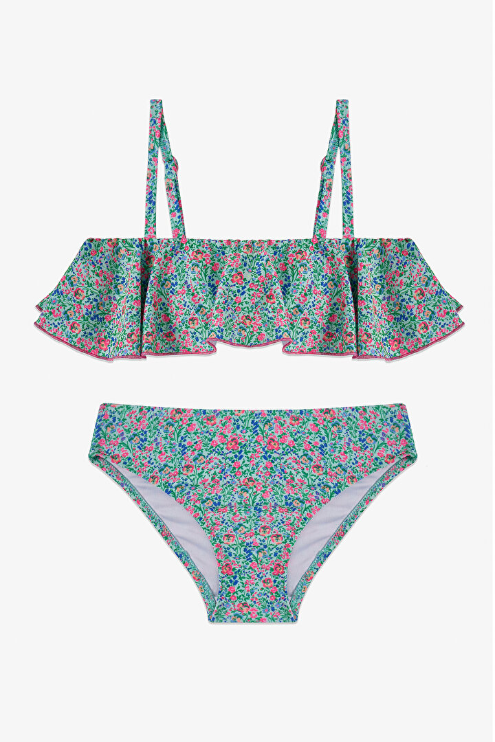Renkli Kız Çocuk Ditsy Bandeau Bikini Takımı - 1