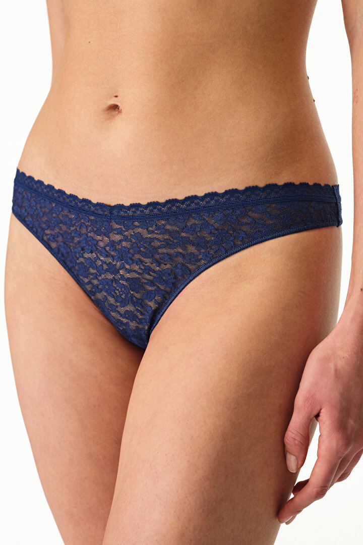 Lacivert Easy Lace Dantel V Model Tanga Külot - 1