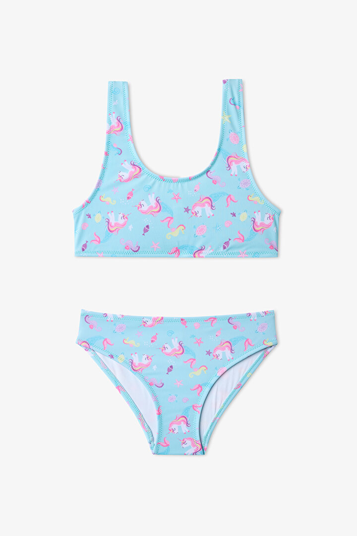 Renkli Kız Çocuk Unimermaid Halter Bikini Takımı - 1
