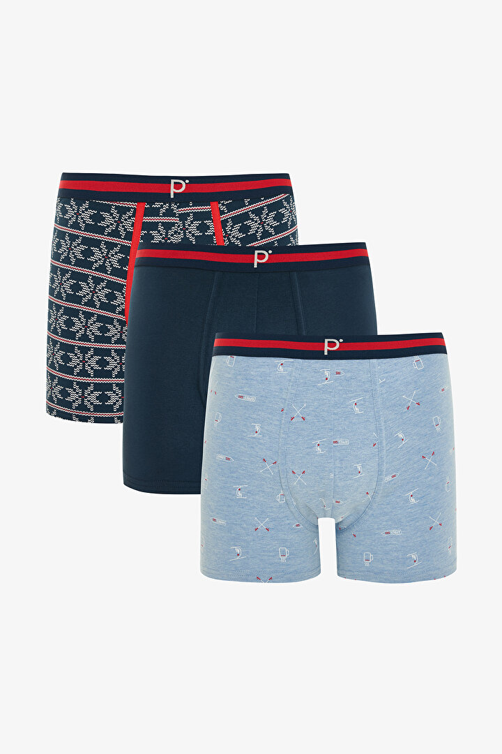 Erkek Yeni Yıl Desenli 3'lü Boxer - 1