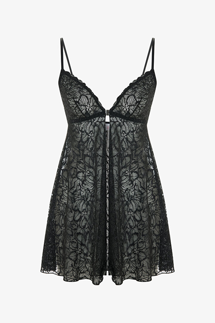 Siyah Front Opening Lace Babydoll - 1
