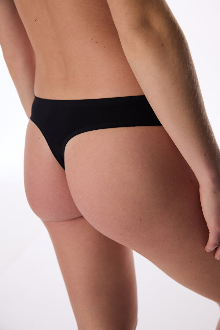 Siyah Dikişsiz İz Yapmayan Normal Bel Tanga Külot - 2