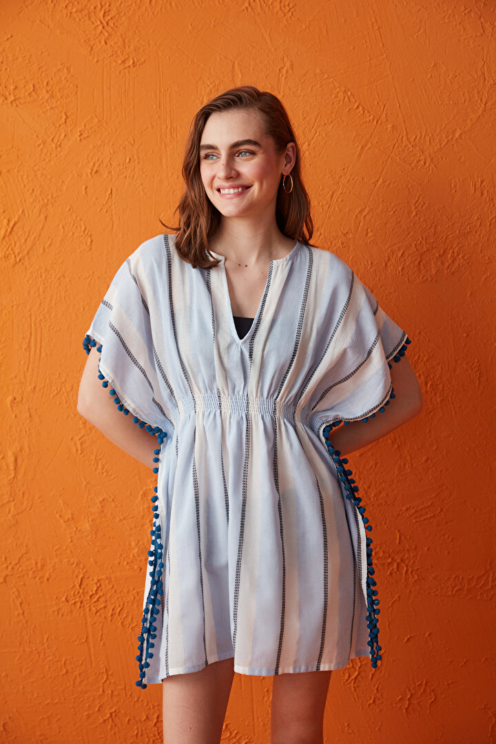 Çizgili Striped Pom Pom Kaftan - 2
