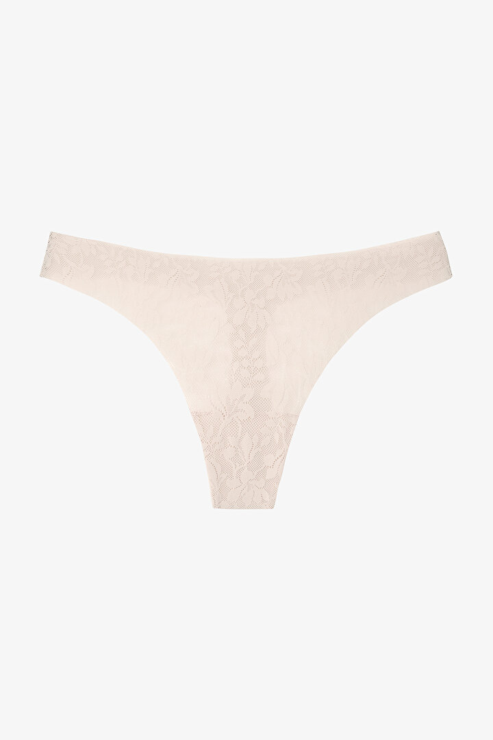 Invisible Laser Cut Lace Açık Bej Tanga Külot - 1