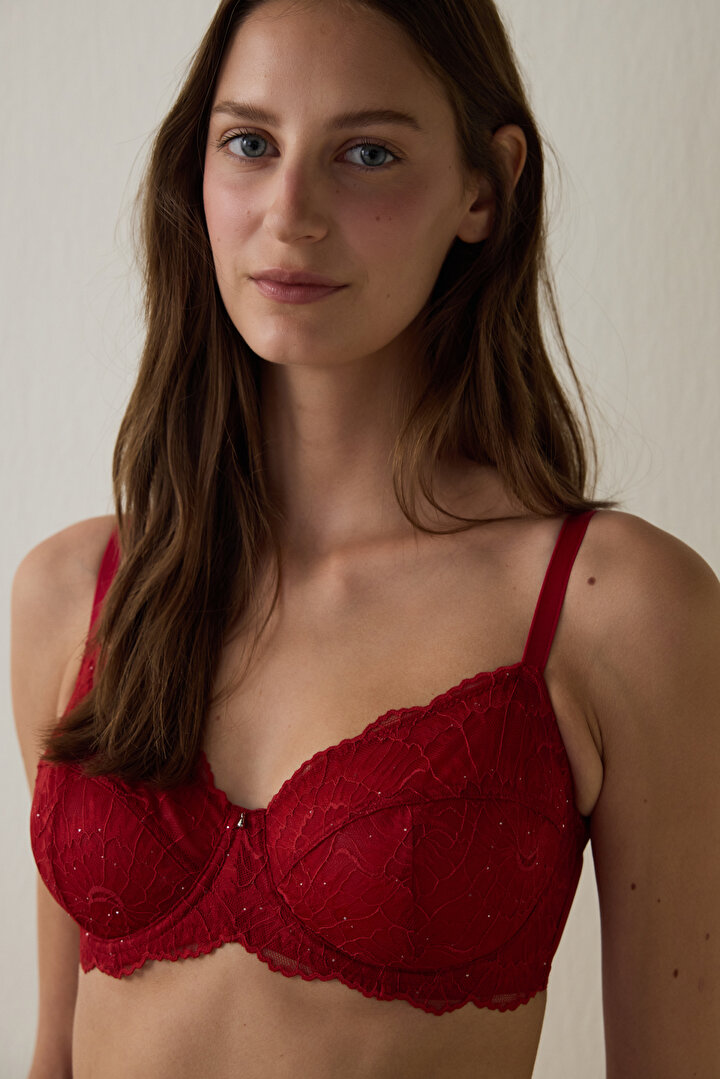 Red Curvy Sequin Lace Bra - 1