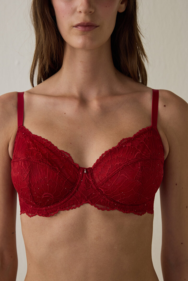 Red Curvy Sequin Lace Bra - 2