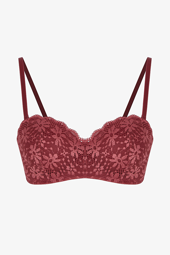 Bordo Lotus Straplez Lace Dantel Sütyen - 1