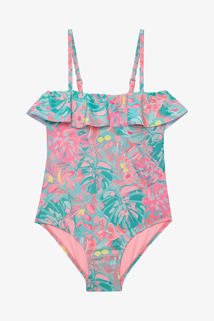 Genç Kız Bali Yaprak Desenli Fırfırlı Straplez Mayo - 1