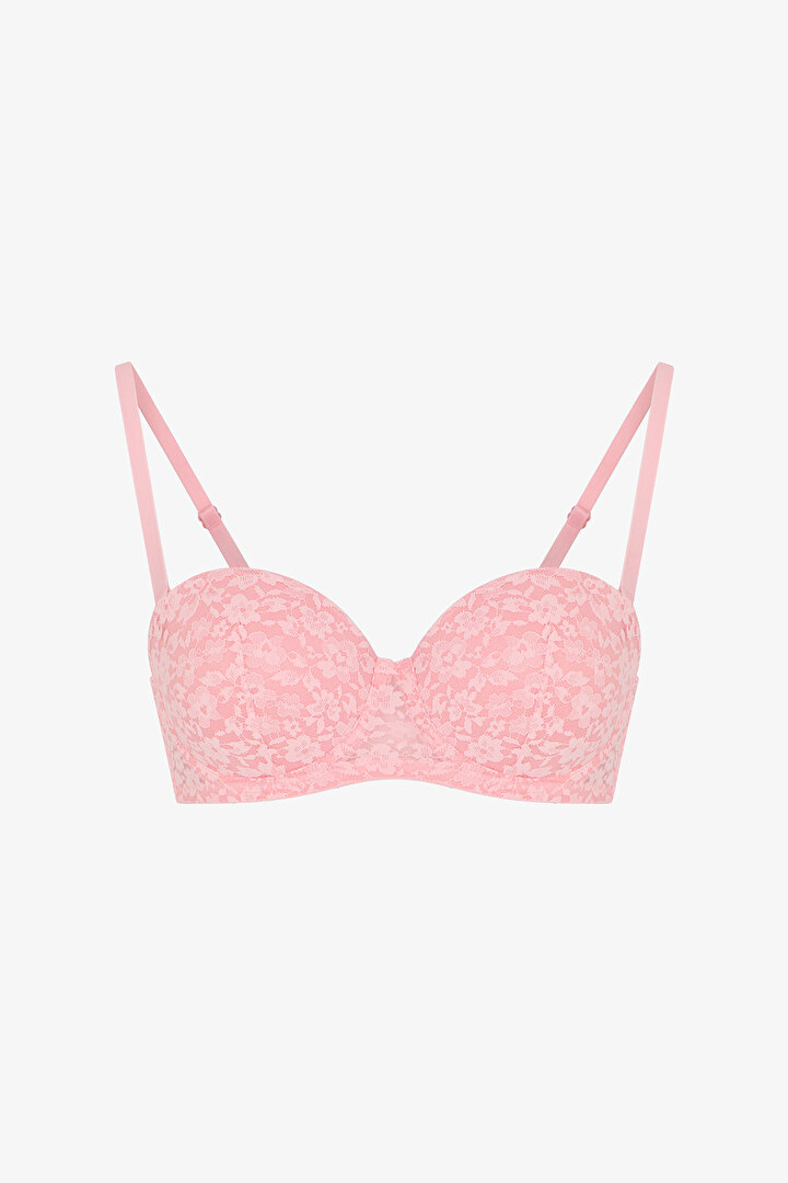 Pembe Pop Dantel Çiçekli Pedli Push Up Sütyen - 1