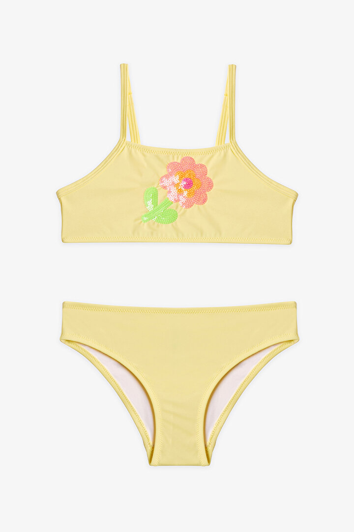 Sarı Kız Çocuk Sequin Halter Bikini Takımı - 1