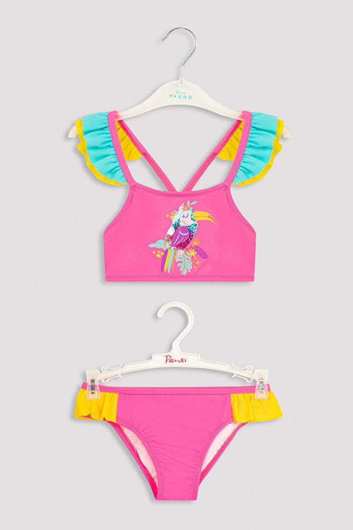 Pembe Kız Çocuk Tukan Baskılı Fırfır Detaylı Halter Bikini Takımı - 1