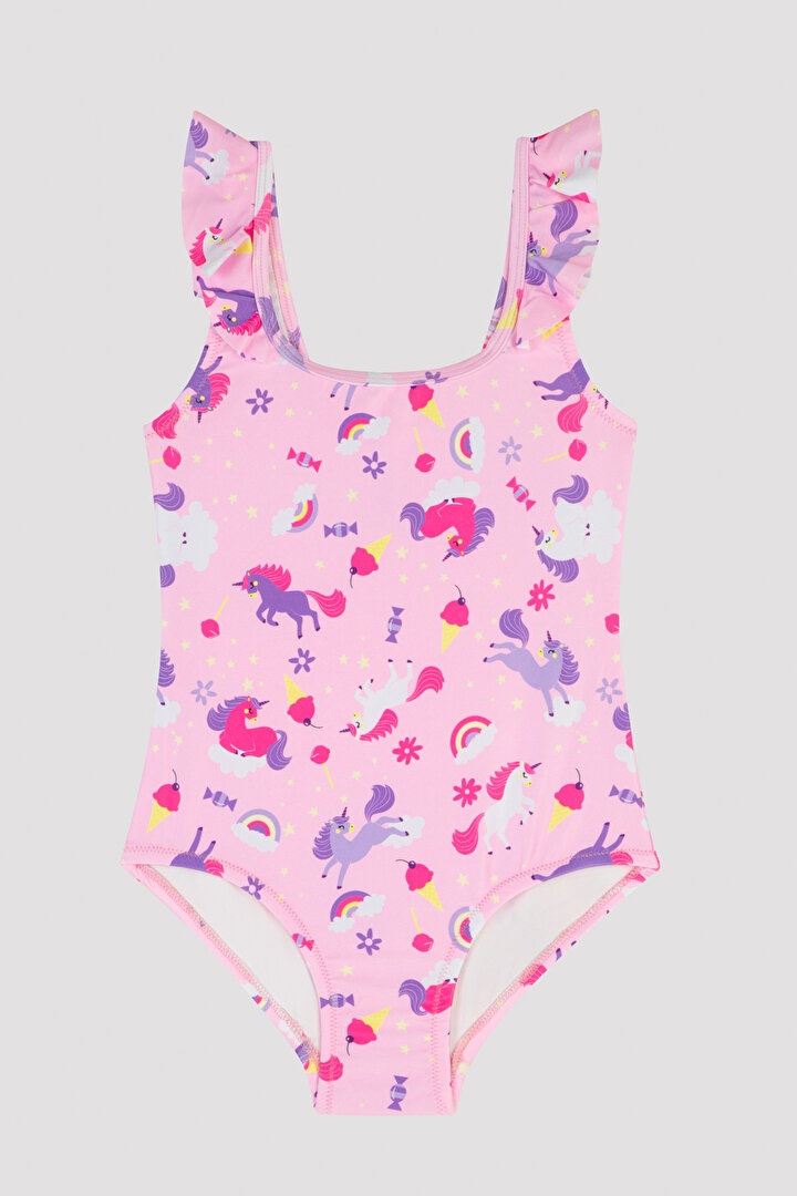 Kız Çocuk Unicorn Desenli Renkli Fırfırlı Mayo - 1