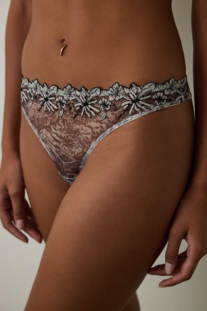 Leopard Patterned Embroidered Detailed Mid Waist Thong - 1