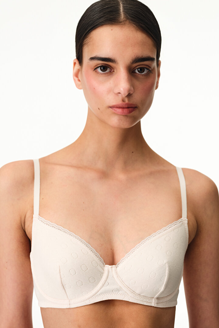Cream Pink Underwired Pointelle Bra - 1