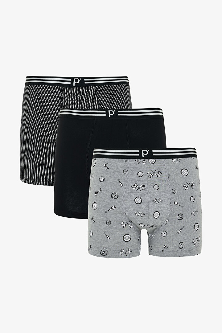 Erkek Race Geometrik Desenli Organik Normal Bel 3'lü Boxer - 1