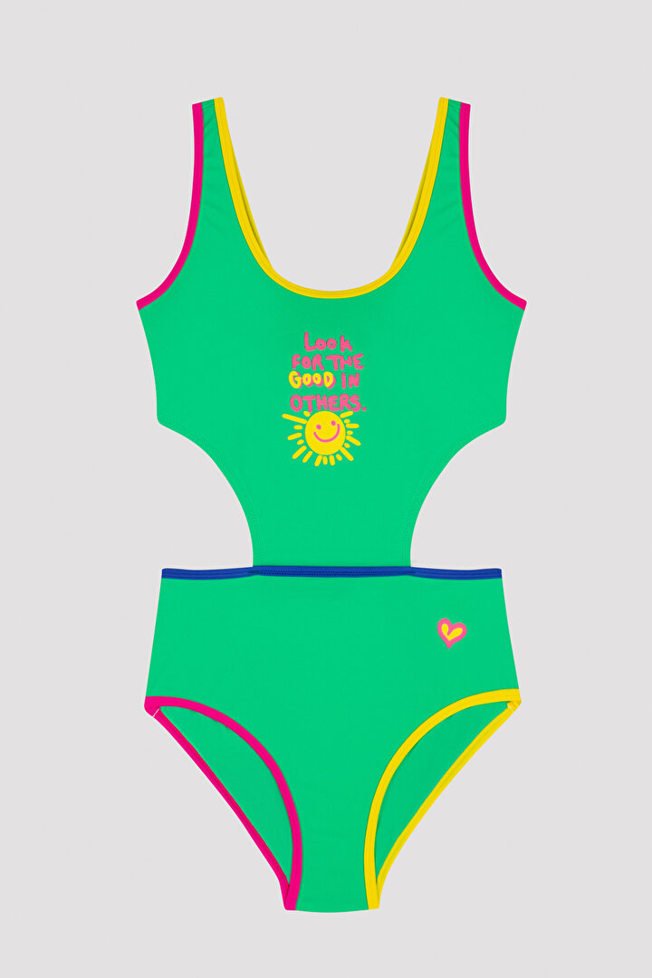 Genç Kız Kesik Bel Detaylı Yeşil Mayokini - 1