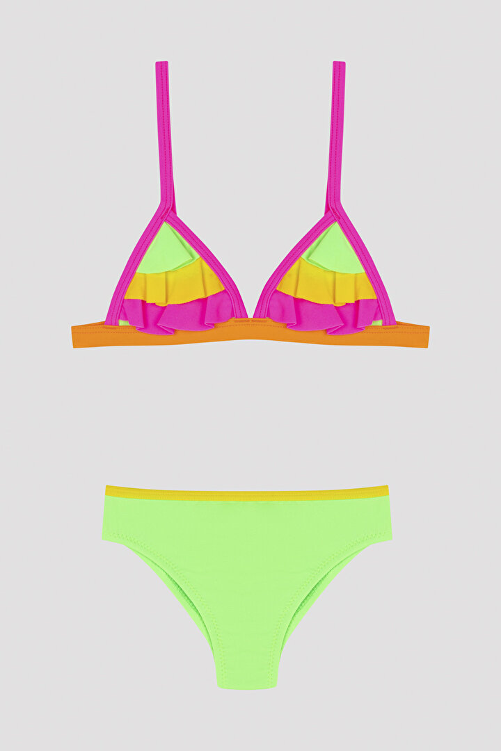 Multi Colored Girls Colorful Frill Triangle Bikini Set - 1
