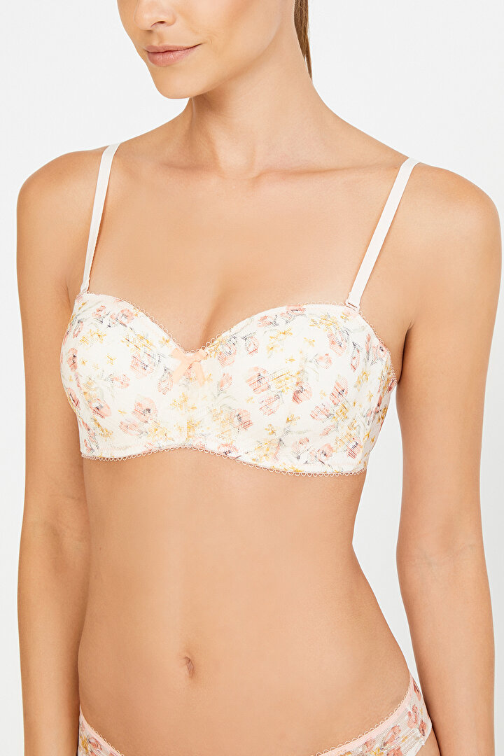 Peach Lotus Printed Lace Bra - 1