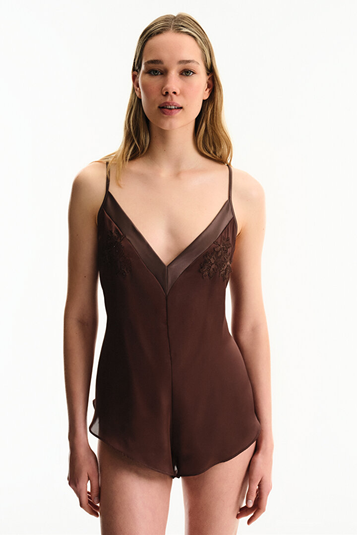 Kahverengi Saten Chiffon Teddy Tulum - 1