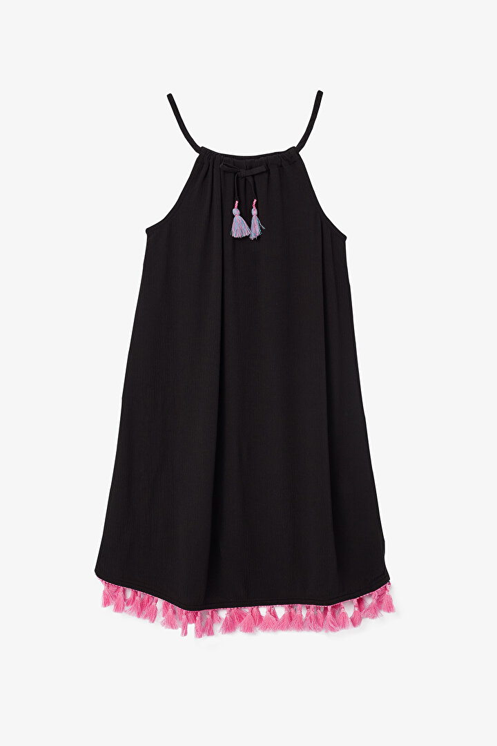 Siyah Genç Kız Mika Püskül Aksesuarlı Halter Yaka Elbise - 1