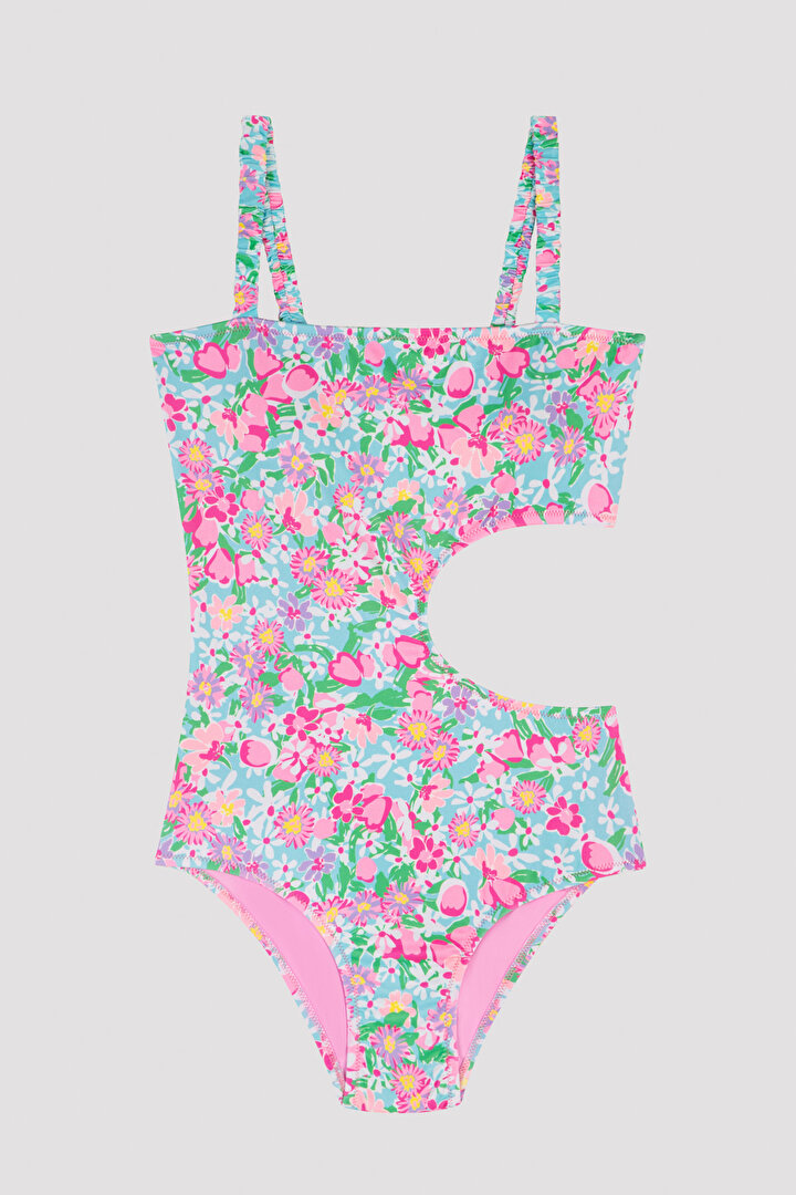 Genç Kız Çiçek Desenli Kesik Detaylı Mayo - 1