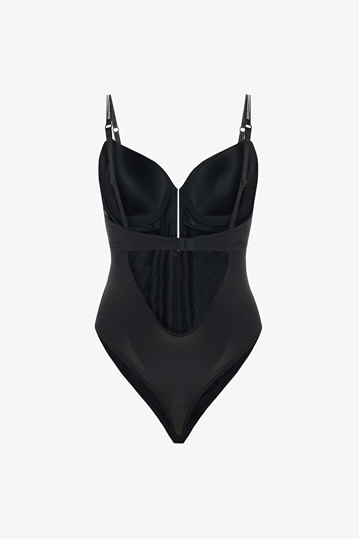 Siyah Satin Deep V Wire Bodysuit - 2