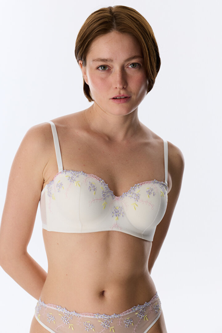 Kırık Beyaz Lotus Straplez Broderie Sütyen - 1