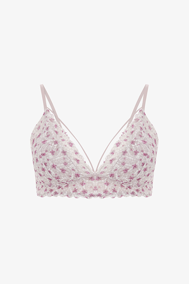 Bej Luna Çiçek Desenli Dantelli Balensiz Push Up Sütyen - 1