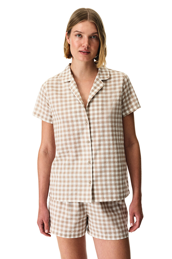 Latte Beige Gingham Gömlek Şortlu Pijama Takımı - 1