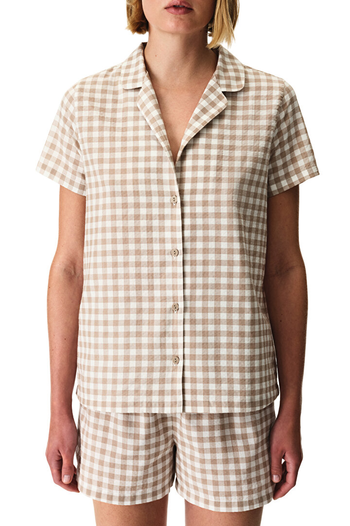 Latte Beige Gingham Gömlek Şortlu Pijama Takımı - 2