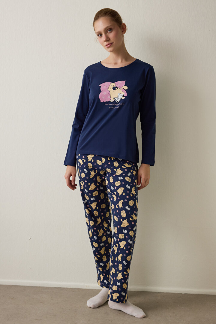 Indigo Sleepy Cat Crew Neck Long Sleeve Pajama Set - 1