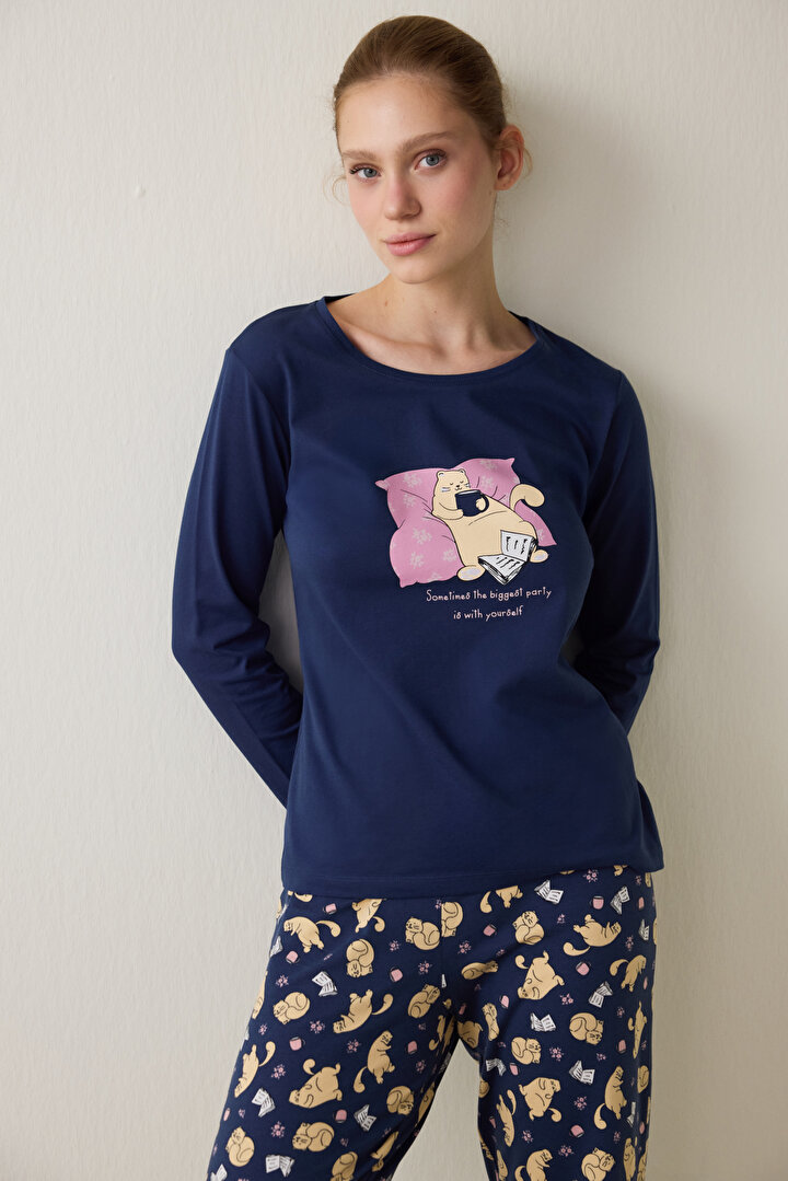 Indigo Sleepy Cat Crew Neck Long Sleeve Pajama Set - 2