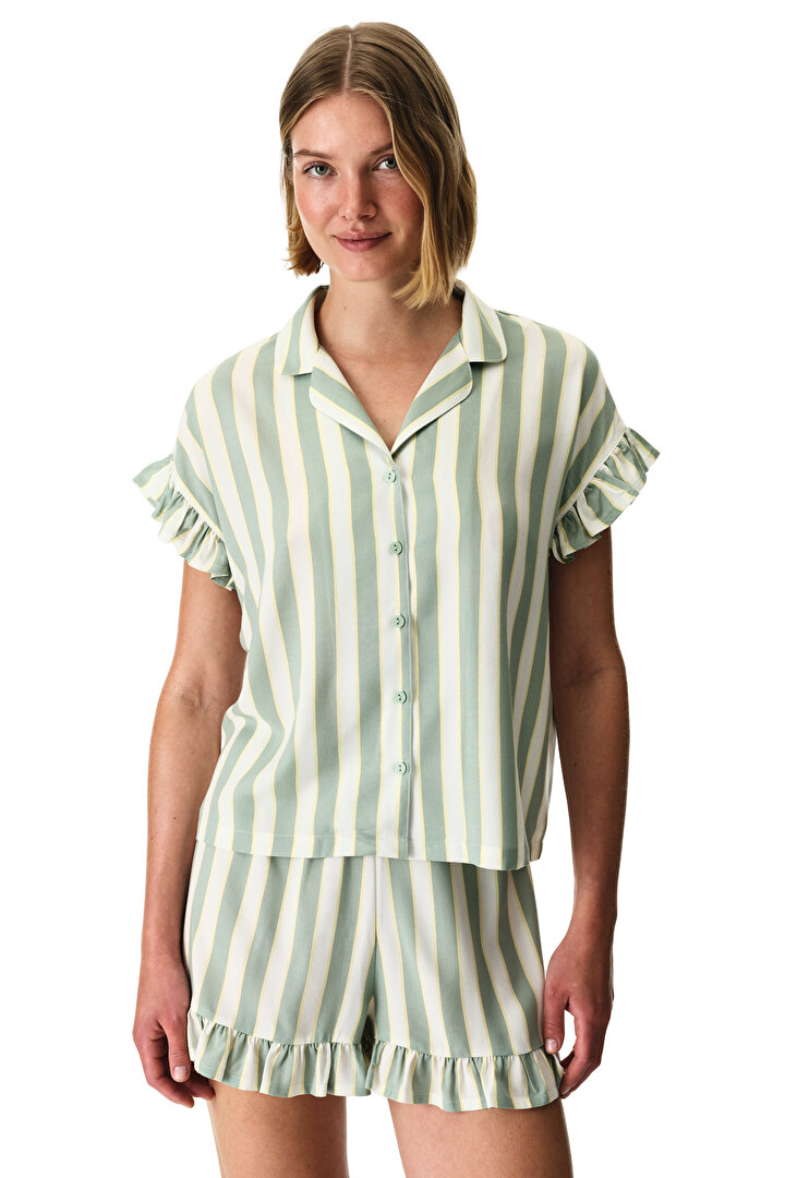 Açık Yeşil Sage Çizgili Gömlek Şortlu Pijama Takımı - 1