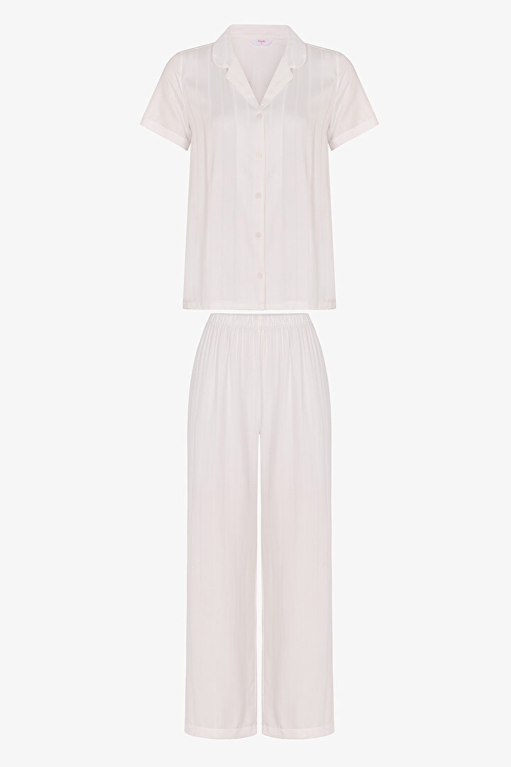 Beyaz Sophia Saten Gömlek Pantolon Pijama Takımı - 1
