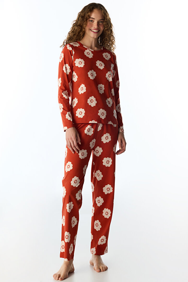 Orange Soft Bloom Floral Long Sleeve Pyjama Set with Trousers - 2