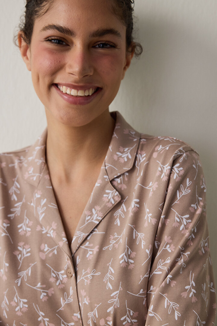 Bej Flower Time Gömlek Yaka Pamuklu Uzun Kollu Pijama Takımı - 2