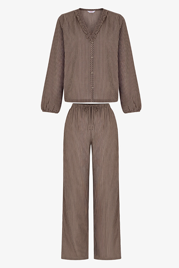 Beige Warm Taupe Striped Long Sleeve Shirt & Trouser Pyjama Set - 1