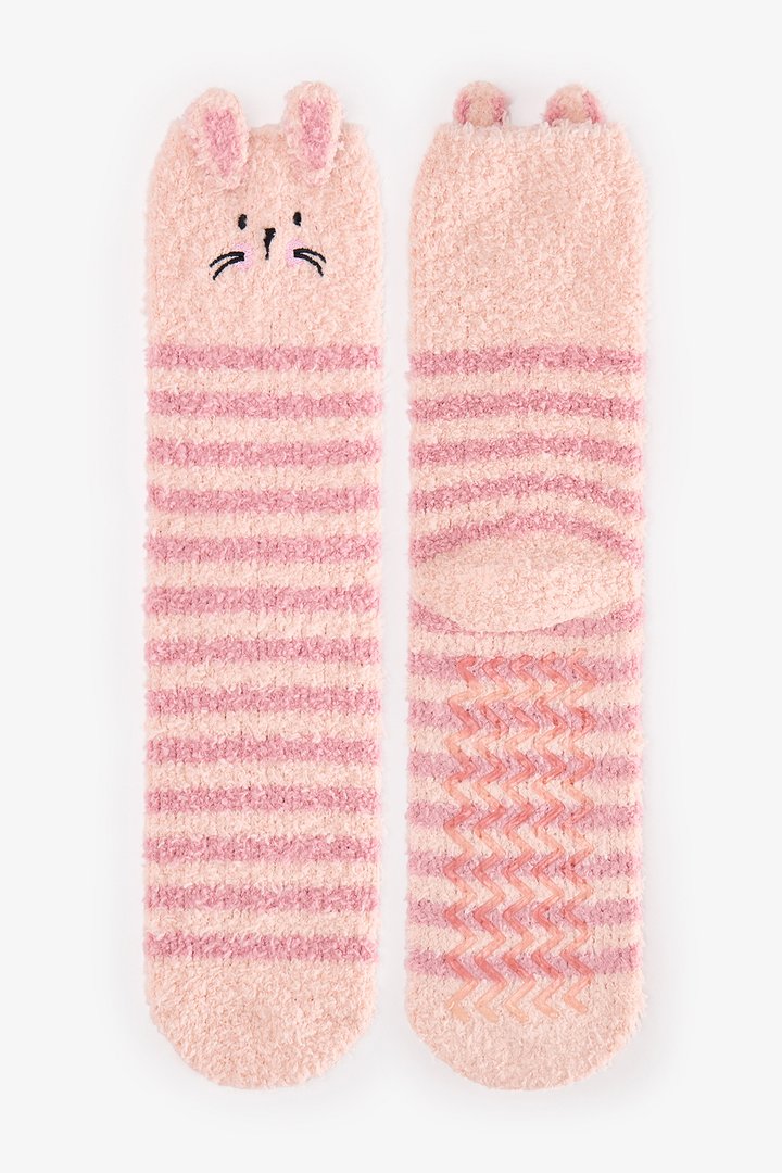 Açık Pembe Çizgili Bunny Tavşan Desenli Soket Çorap - 1
