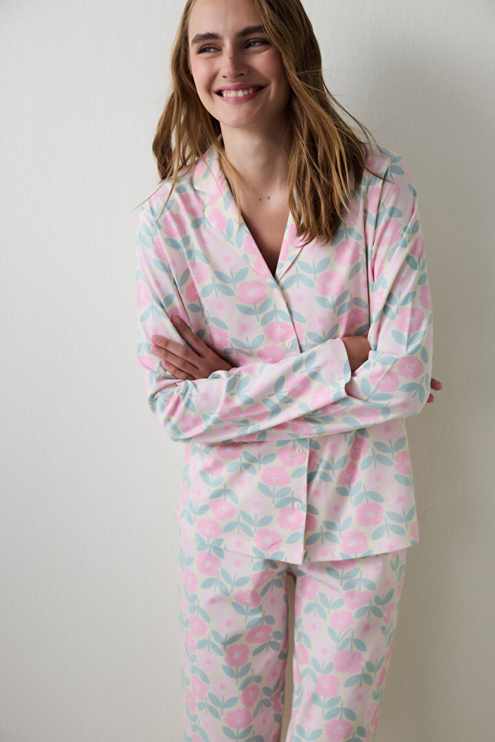 Çiçekli Gömlek Yaka Uzun Kollu Pijama Takımı - 2