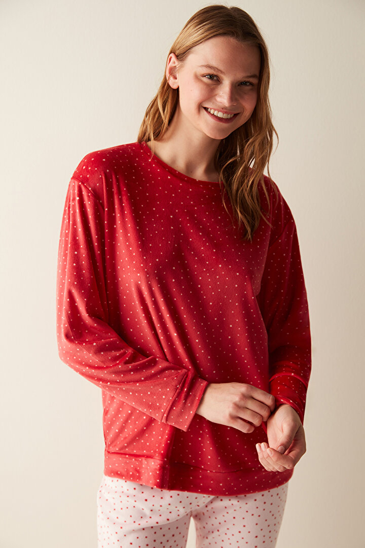 Yıldız Desenli Kırmızı Fuzzy Sweatshirt Pijama Üstü - 1