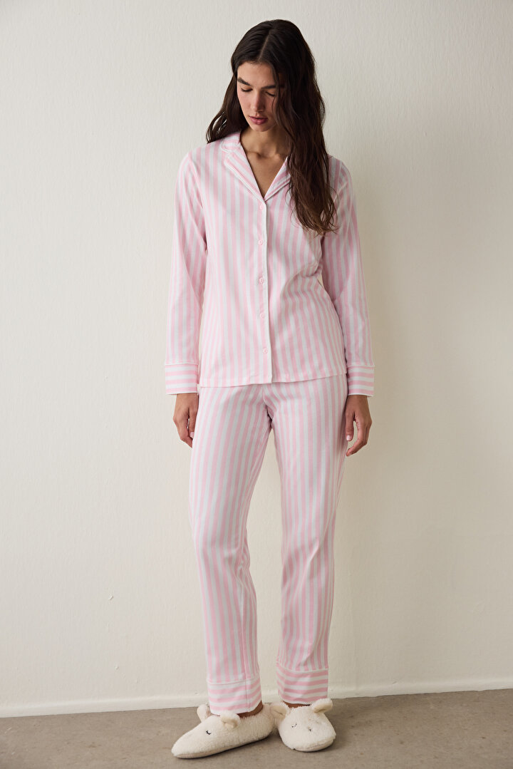 Light Pink  Patterned Cotton Long Sleeve Shirt Pajama Set - 1