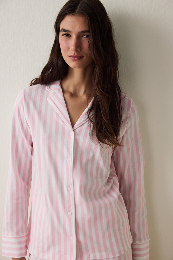 Light Pink  Patterned Cotton Long Sleeve Shirt Pajama Set - 2