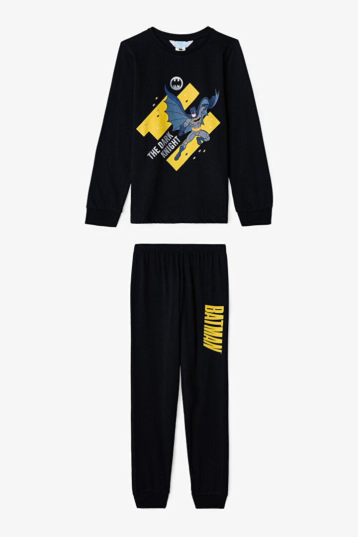 Siyah Erkek Çocuk Batman Çizgi Film Desenli Pamuklu Uzun Kollu Pijama Takımı - 1